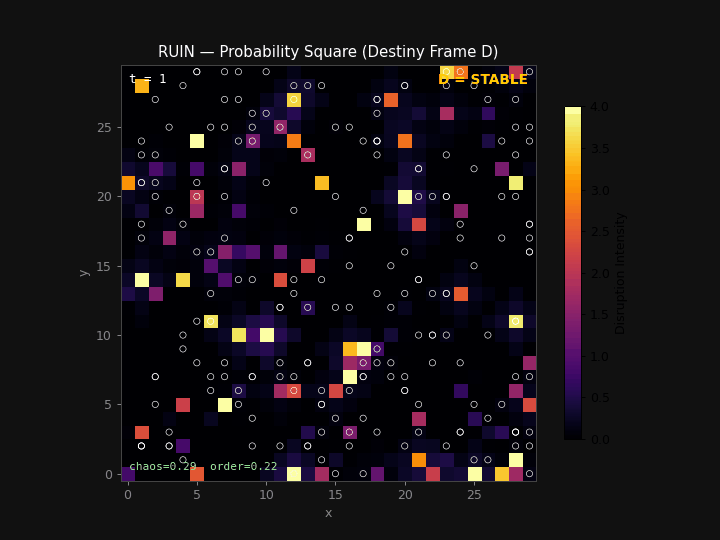 RUIN Probability Square — Disruption field simulation